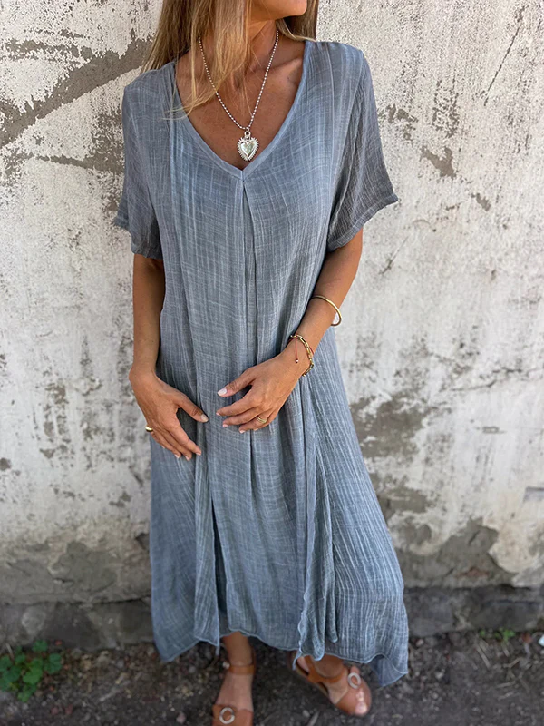 Cotton and Linen V-neck Midi Dress